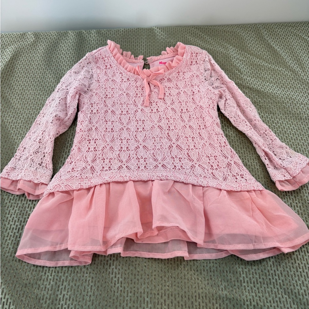 Nanette Kids Girls Pink Lace Peplum Blouse - Bell Sleeve Tunic - Size 3T